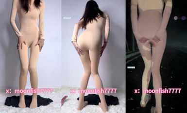 推特moonfish7777 肉色連體衣戶外馬路自玩