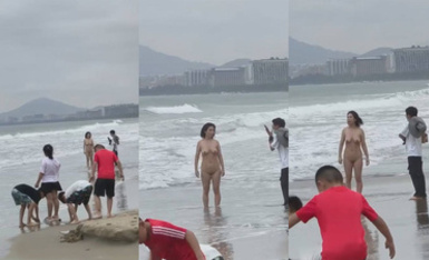 抖音吃瓜 4月9  海南三亚湾 海滩惊现裸女  当着小孩的面全裸露出
